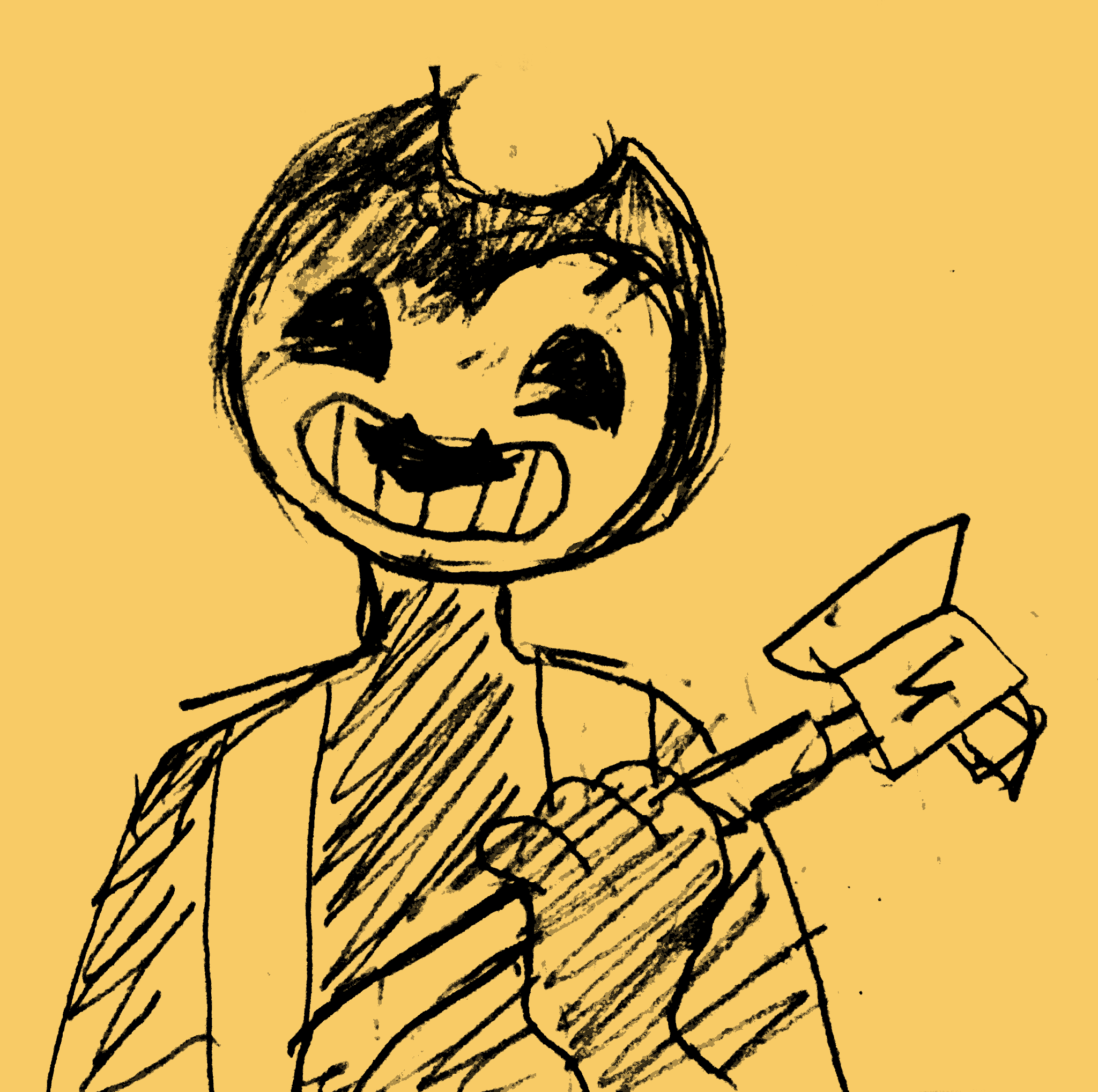 ID: a drawing of Sammy wearing his Bendy mask and holding an axe. His head is tilted to the side. /End ID